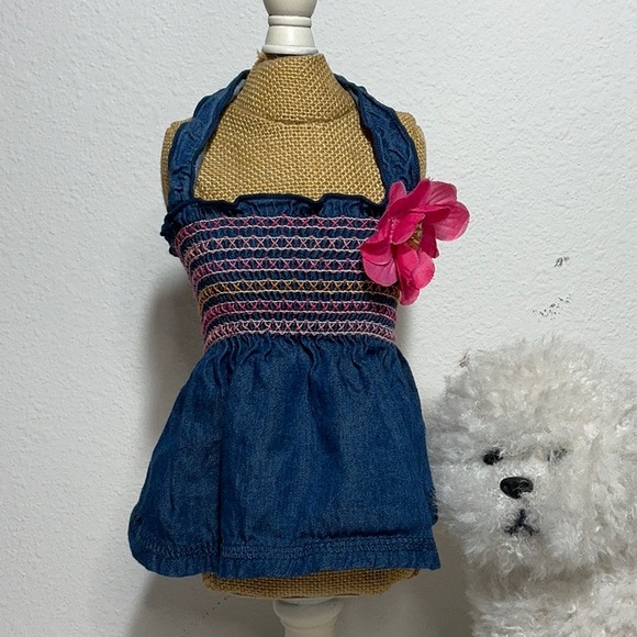 Smocked Chambray Doggy Dress with Pink Flower - Picture 1 of 8